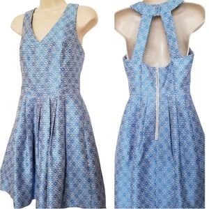 Banana Republic Brocade Pleated Fit & Flare Blue Floral V Neck Dress Size 6P